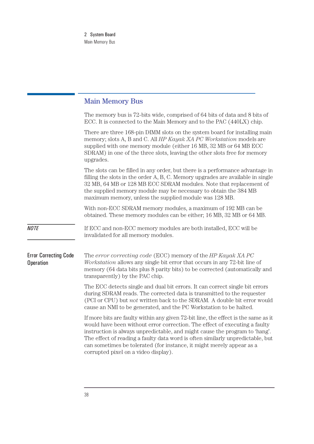 HP XA manual Error Correcting Code Operation, System Board Main Memory Bus 