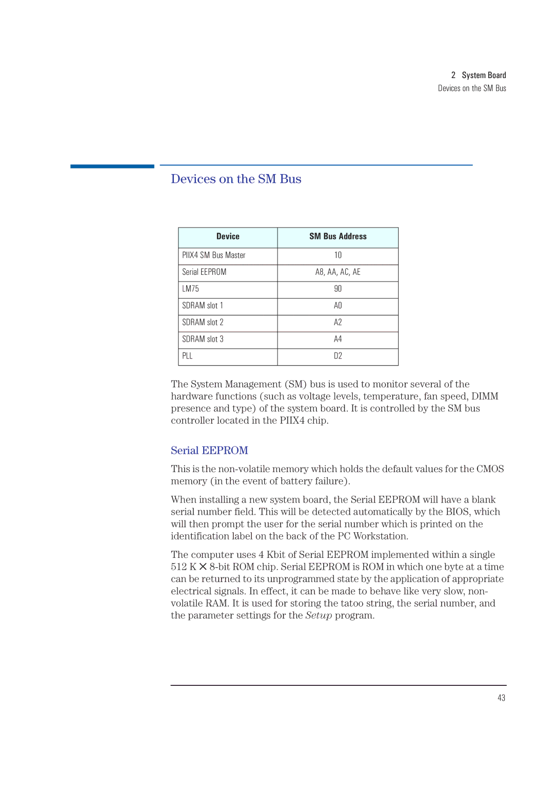 HP XA manual Serial Eeprom, System Board Devices on the SM Bus, Device SM Bus Address 