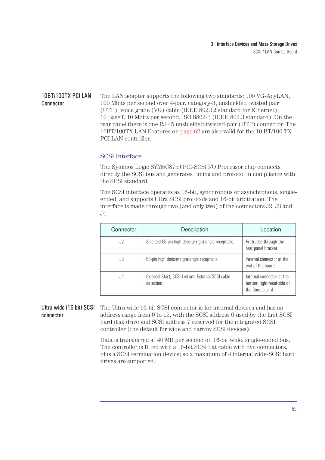 HP XA manual 10BT/100TX PCI LAN Connector, Ultra wide 16-bit Scsi connector, Scsi Interface, Connector Description Location 