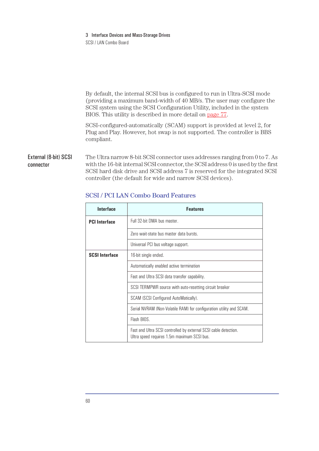 HP XA External 8-bit Scsi connector, Scsi / PCI LAN Combo Board Features, Interface Features PCI Interface, Scsi Interface 