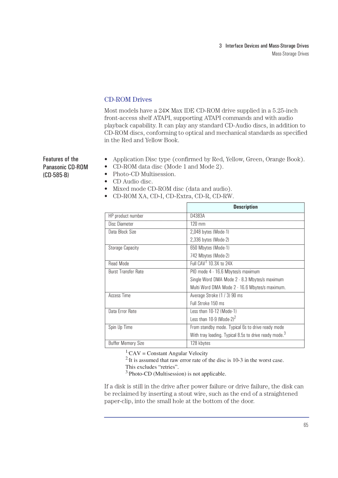 HP XA manual Features Panasonic CD-ROM CD-585-B, CD-ROM Drives, Buffer Memory Size Kbytes 