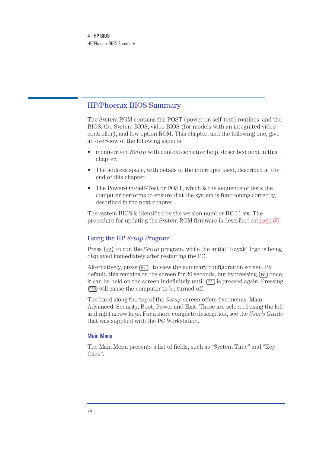 HP XA manual HP/Phoenix Bios Summary, Using the HP Setup Program 