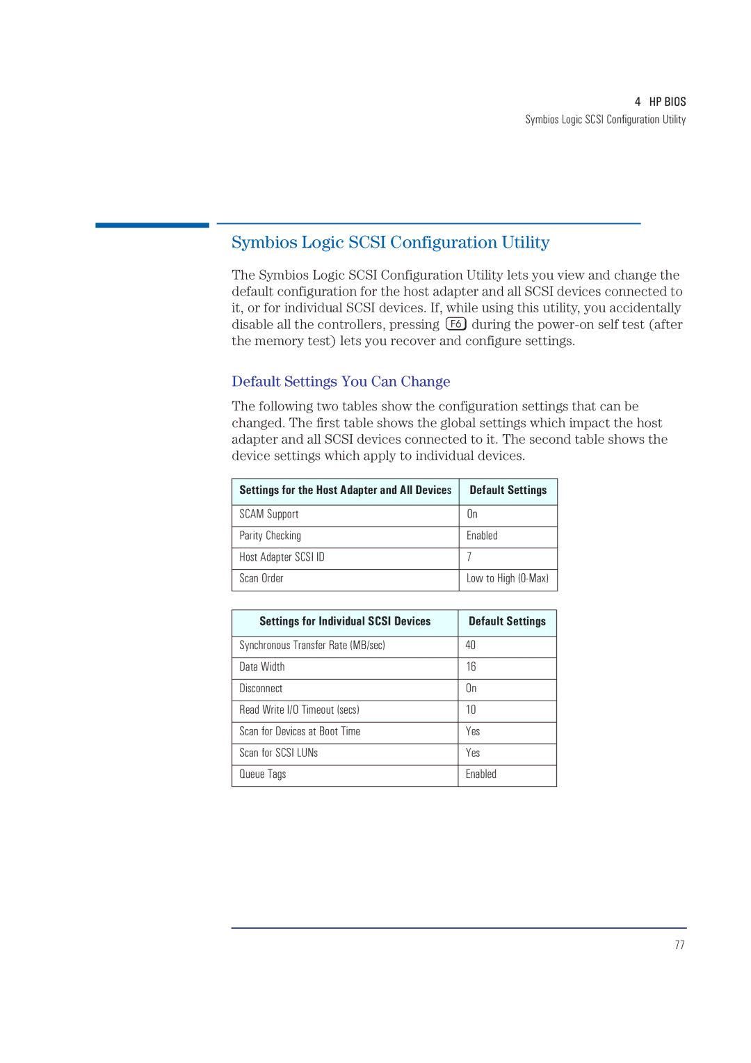 HP XA manual Default Settings You Can Change, Symbios Logic Scsi Configuration Utility 