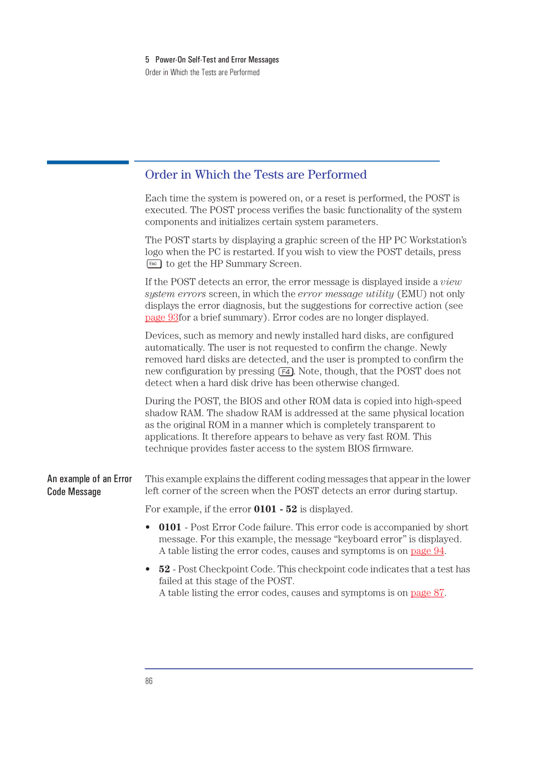 HP XA manual Order in Which the Tests are Performed, For example, if the error 0101 52 is displayed 