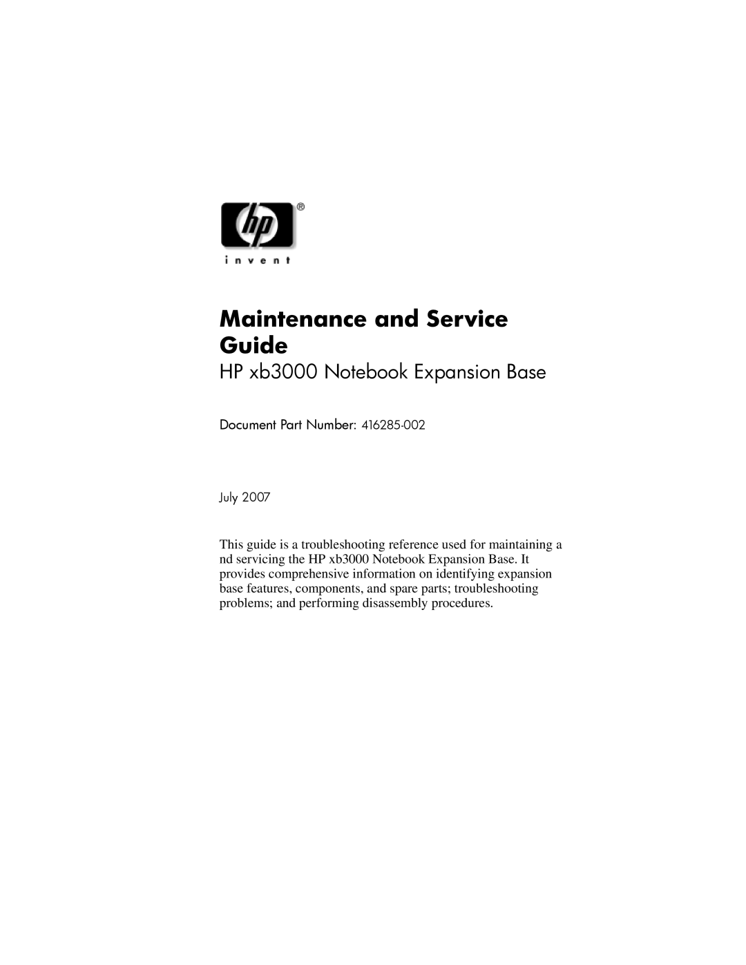 HP XB3000 manual Maintenance and Service Guide 