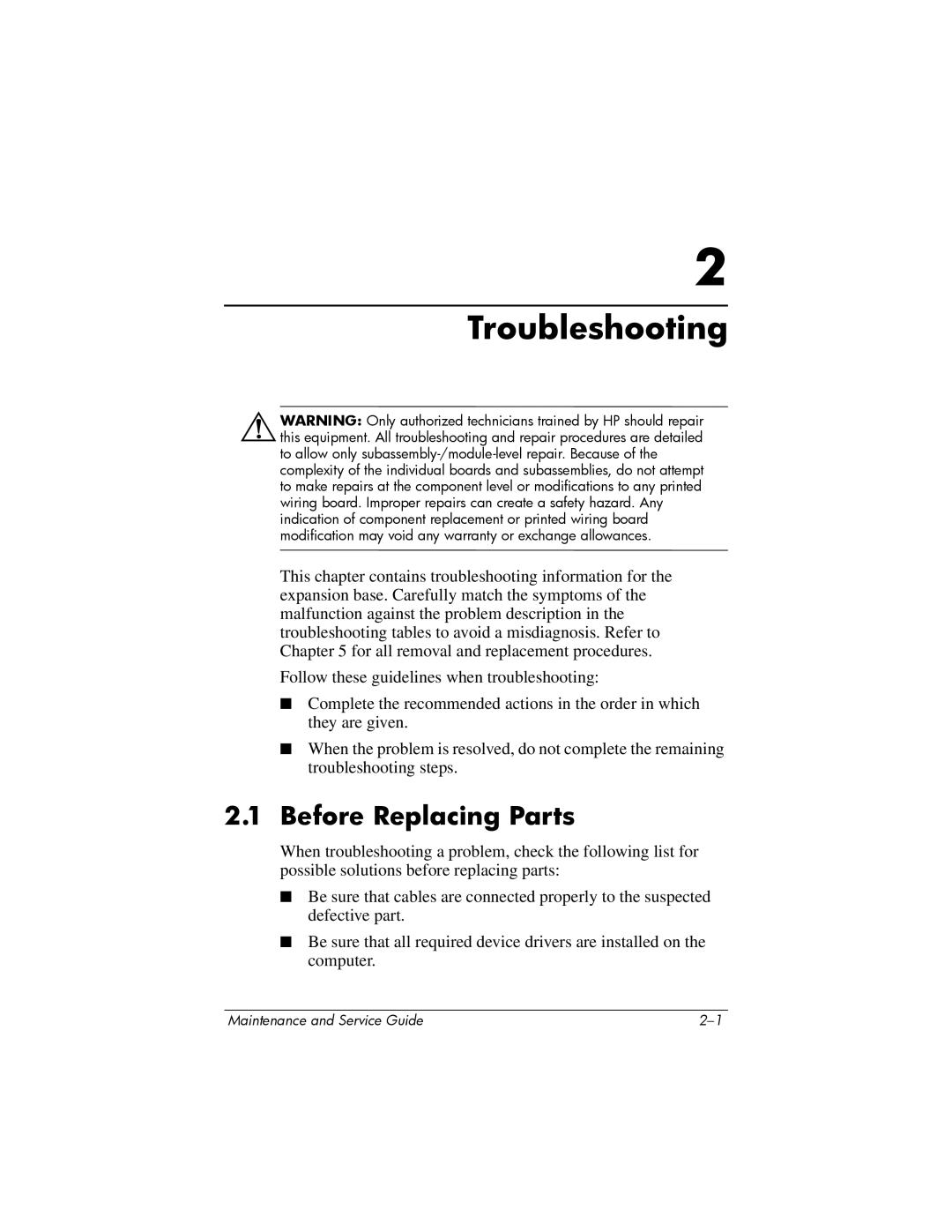 HP XB3000 manual Troubleshooting, Before Replacing Parts 