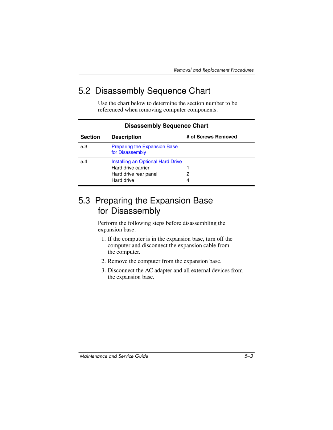 HP XB3000 manual Disassembly Sequence Chart, Preparing the Expansion Base for Disassembly, # of Screws Removed 