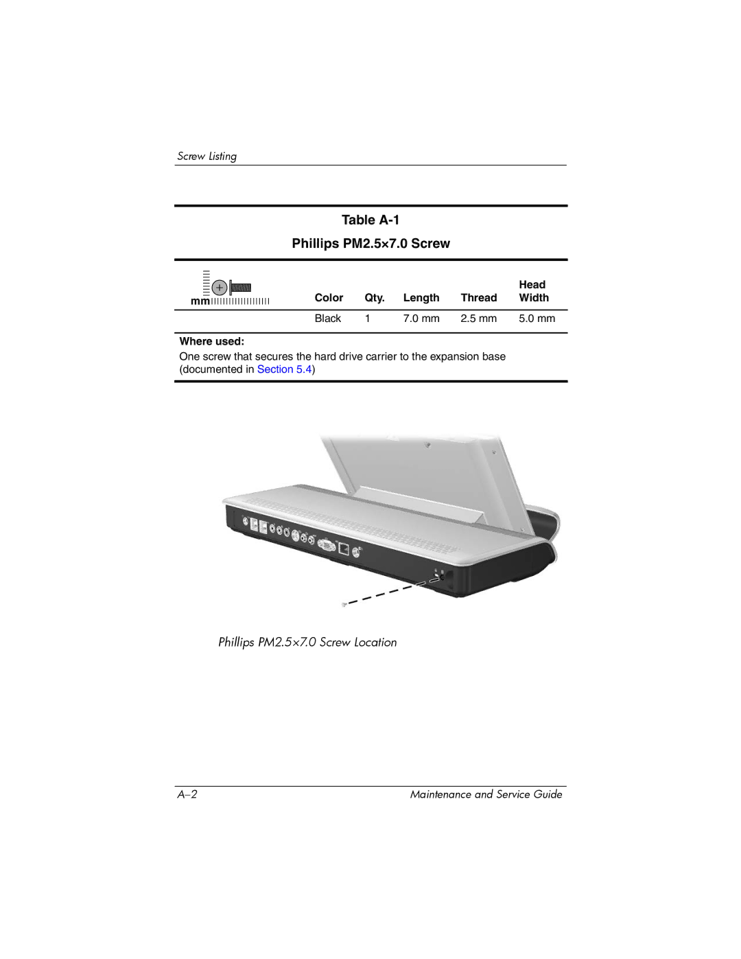 HP XB3000 manual Table A-1 Phillips PM2.5×7.0 Screw, Head, Color Qty Length Thread Width Black Where used 