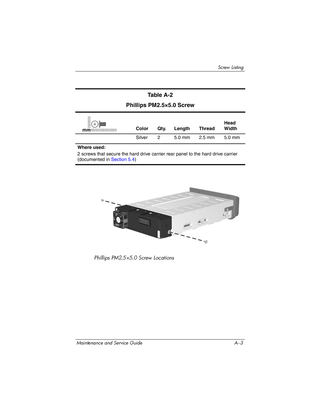 HP XB3000 manual Table A-2 Phillips PM2.5×5.0 Screw, Color Qty Length Thread Width Silver Where used 