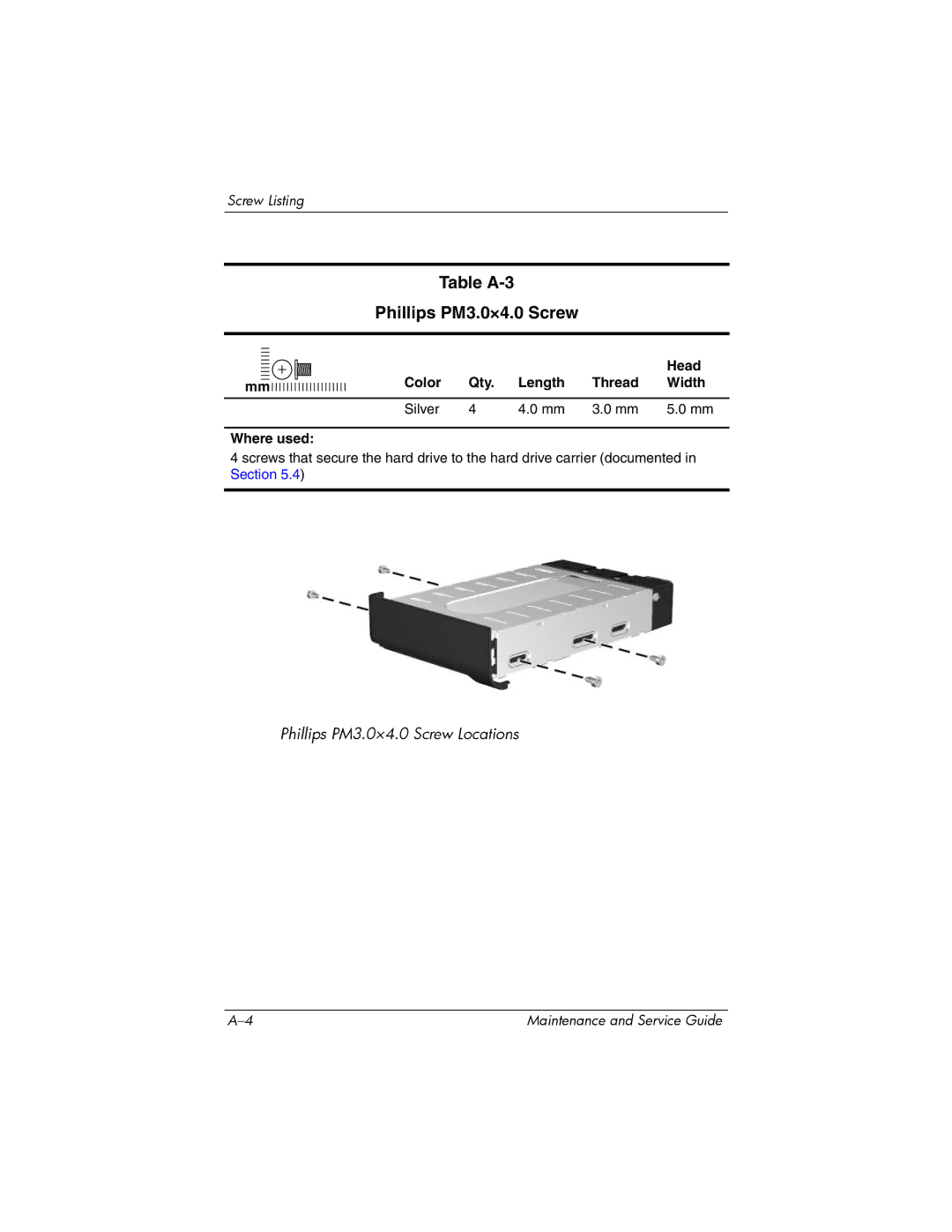 HP XB3000 manual Table A-3 Phillips PM3.0×4.0 Screw 