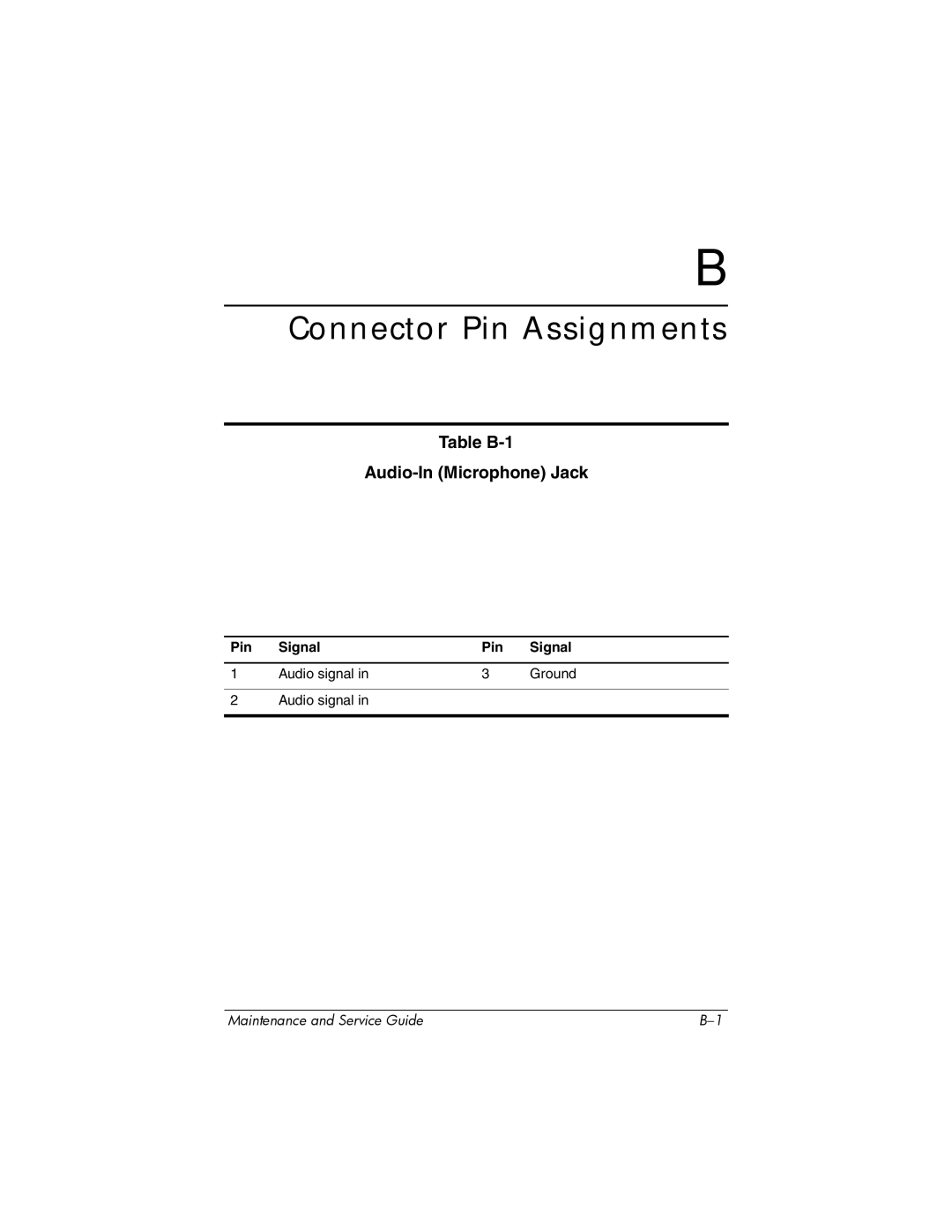 HP XB3000 manual Connector Pin Assignments, Table B-1 Audio-In Microphone Jack, Pin Signal 