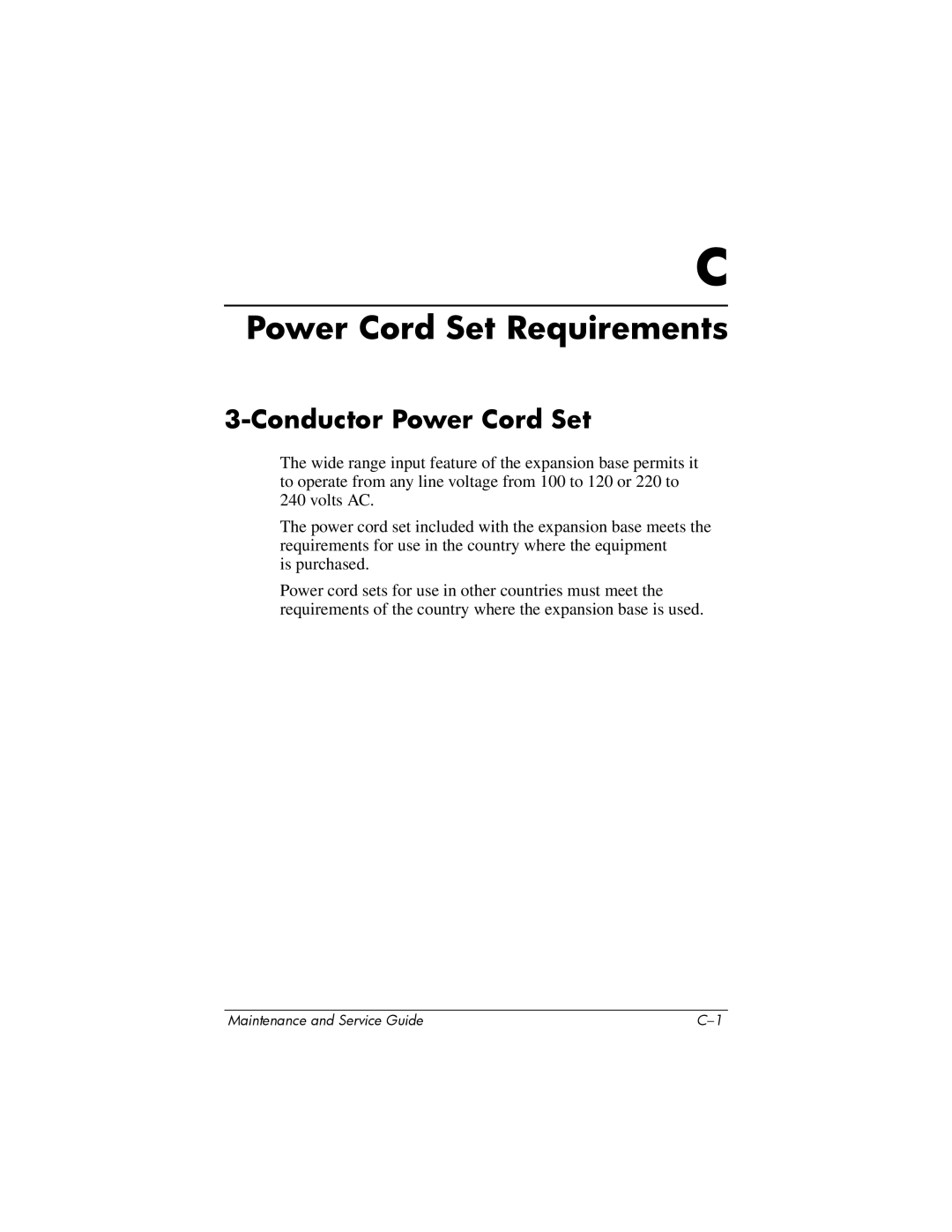 HP XB3000 manual Power Cord Set Requirements, Conductor Power Cord Set 