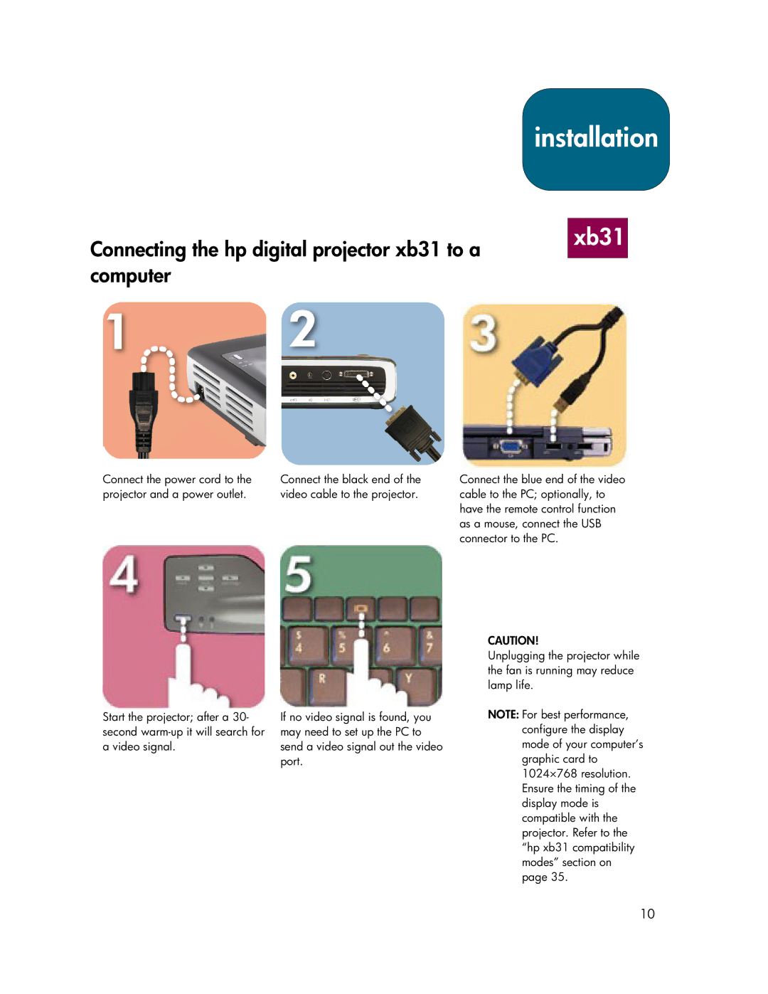 HP sb21 manual Installation, Connecting the hp digital projector xb31 to a computer 