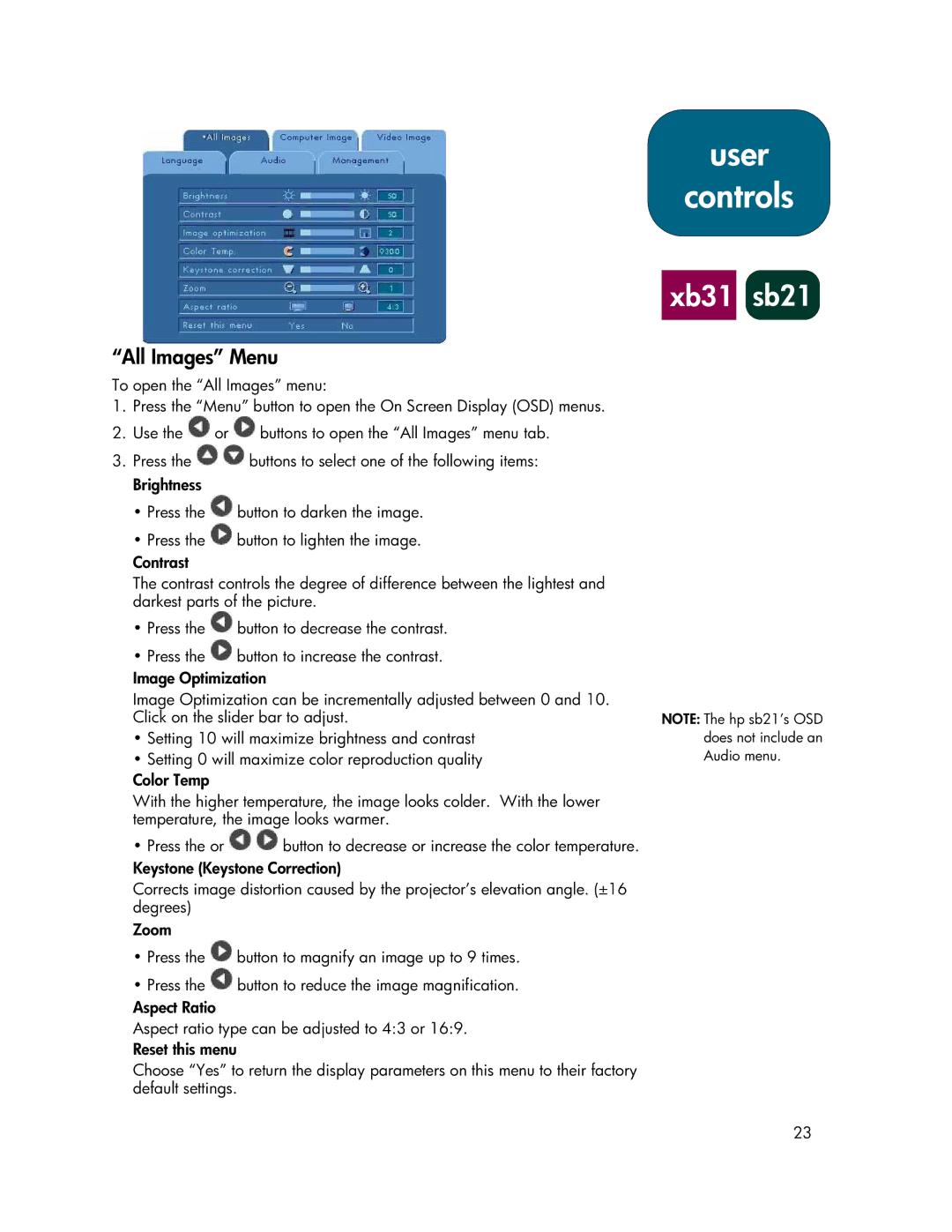 HP sb21, xb31 manual All Images Menu 