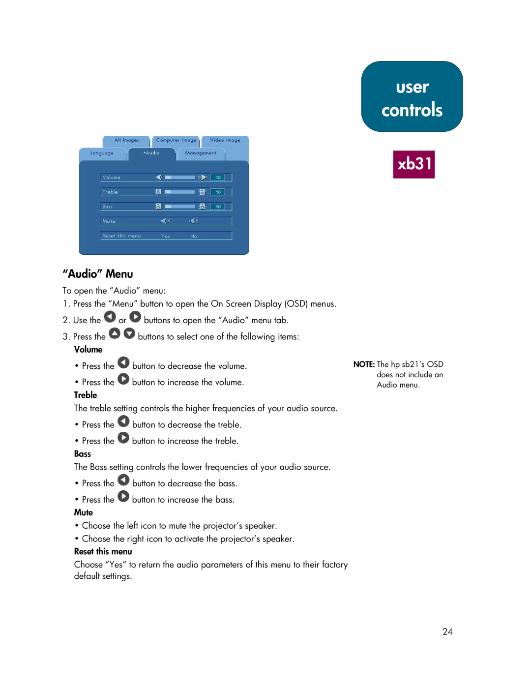 HP xb31, sb21 manual Audio Menu 