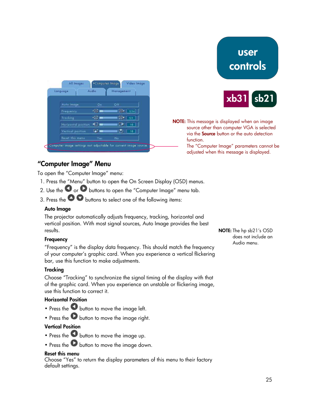 HP sb21, xb31 manual Computer Image Menu 