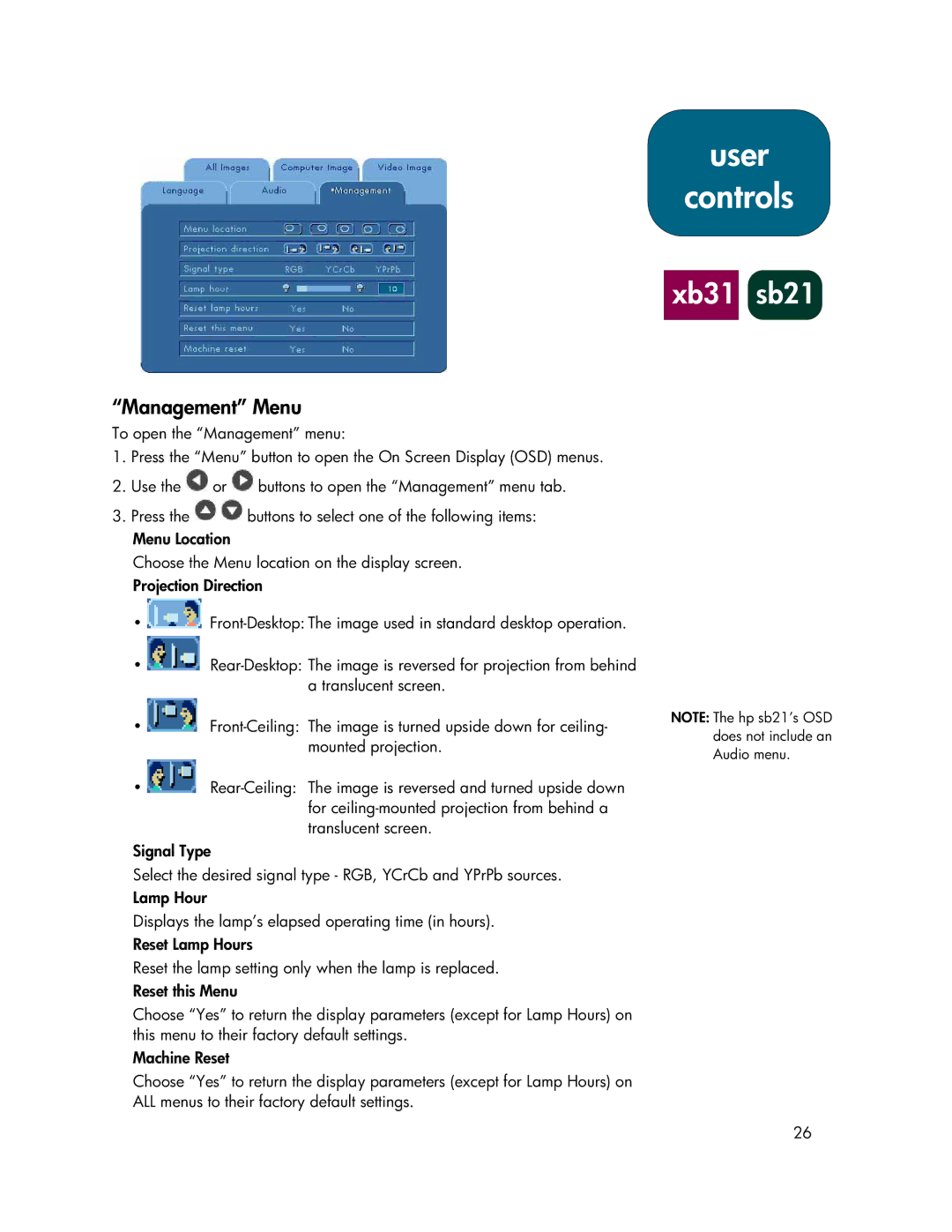 HP xb31, sb21 manual Management Menu 