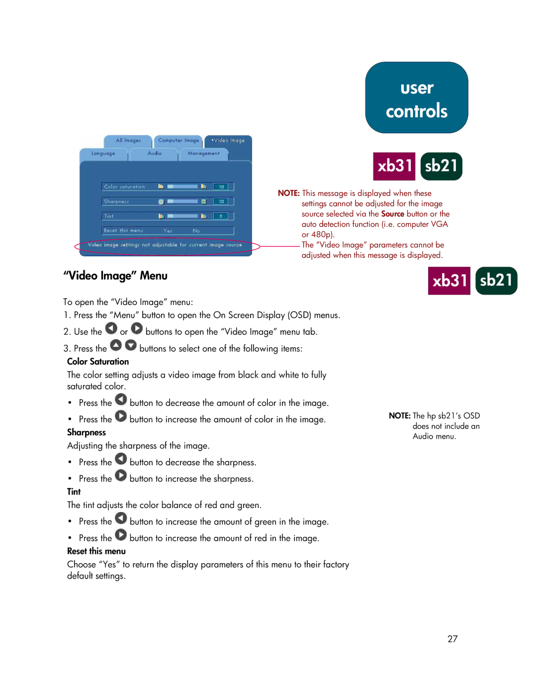 HP sb21, xb31 manual Video Image Menu 