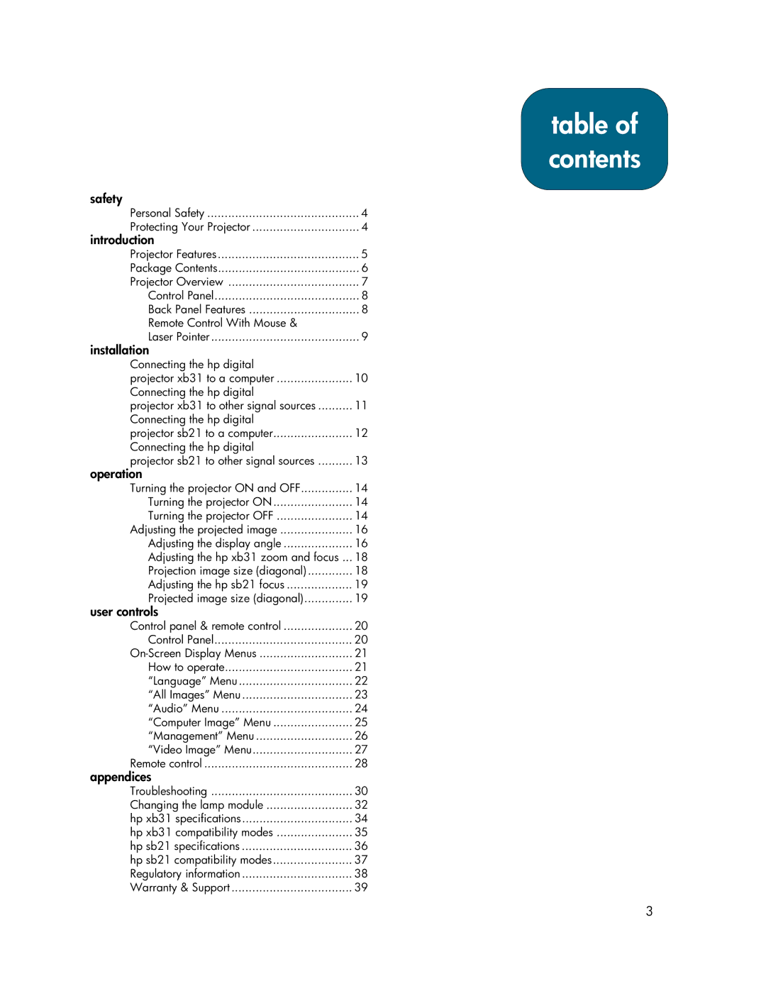 HP sb21, xb31 manual Table of contents 