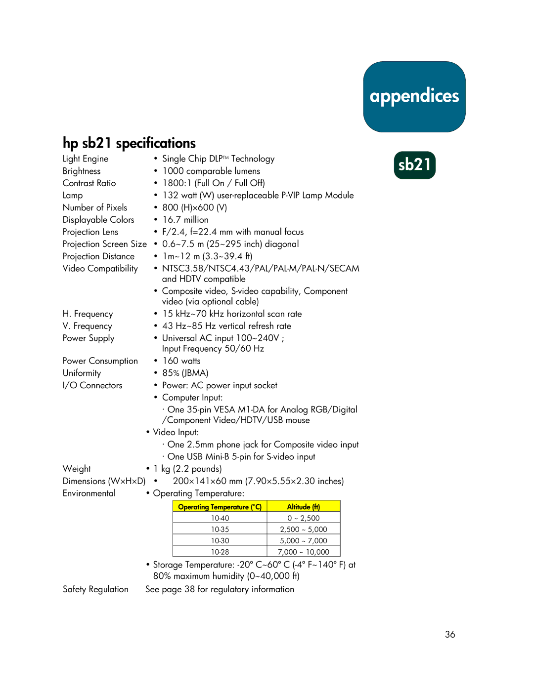 HP xb31 manual Hp sb21 specifications, NTSC3.58/NTSC4.43/PAL/PAL-M/PAL-N/SECAM 