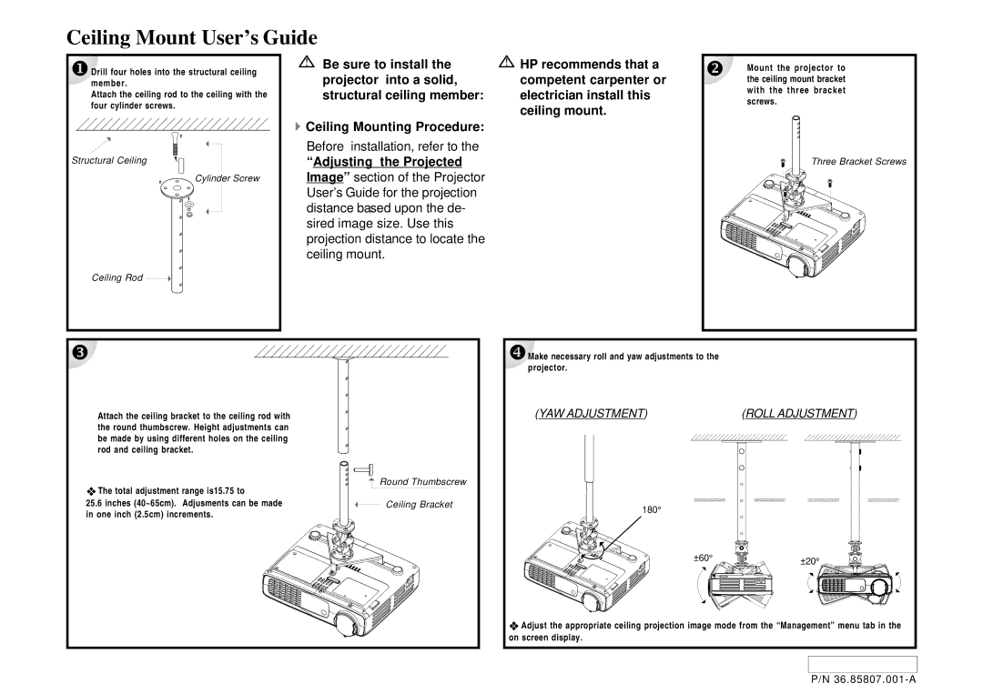 HP xb31 manual Ceiling Mount User’s Guide, Roll Adjustment, Round Thumbscrew, Ceiling Bracket 