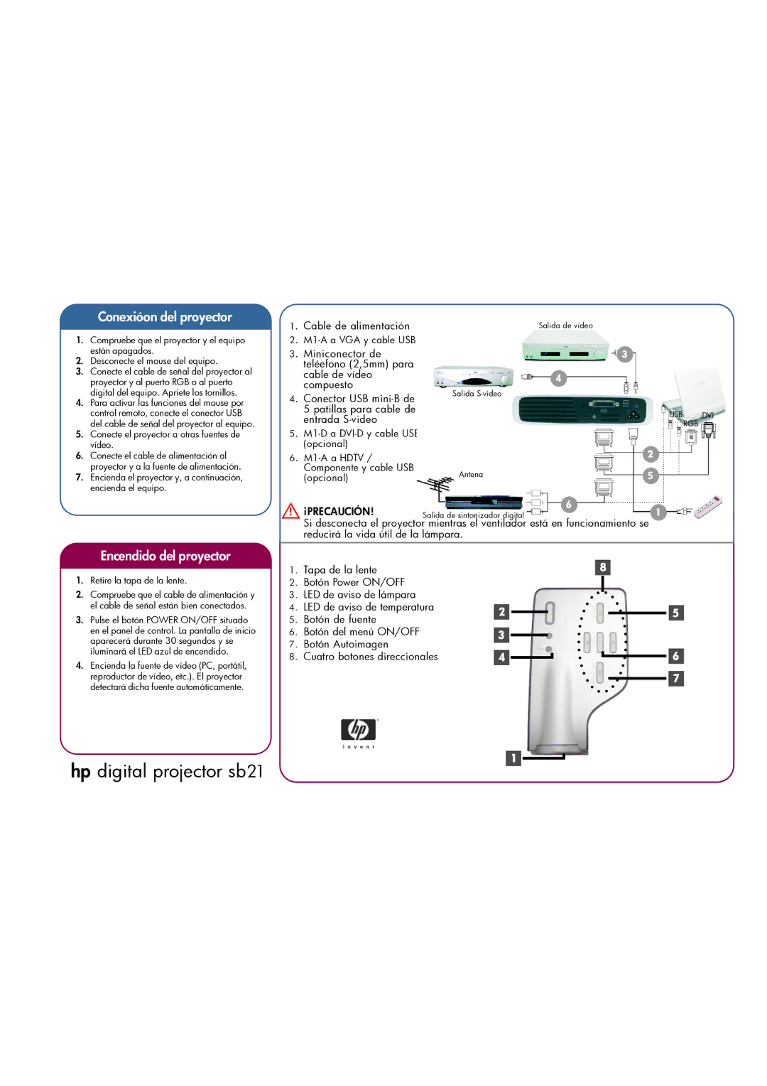 HP xb31 manual Conexióon del proyector, Encendido del proyector, ¡Precaución 