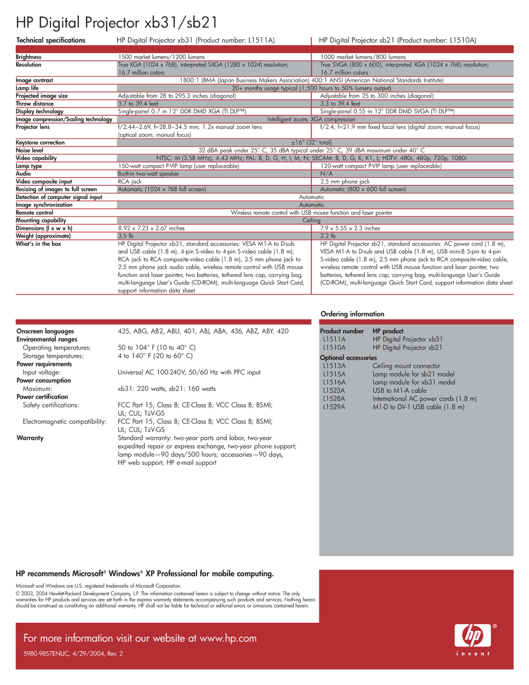 HP xb31/sb21 manual Ordering information 