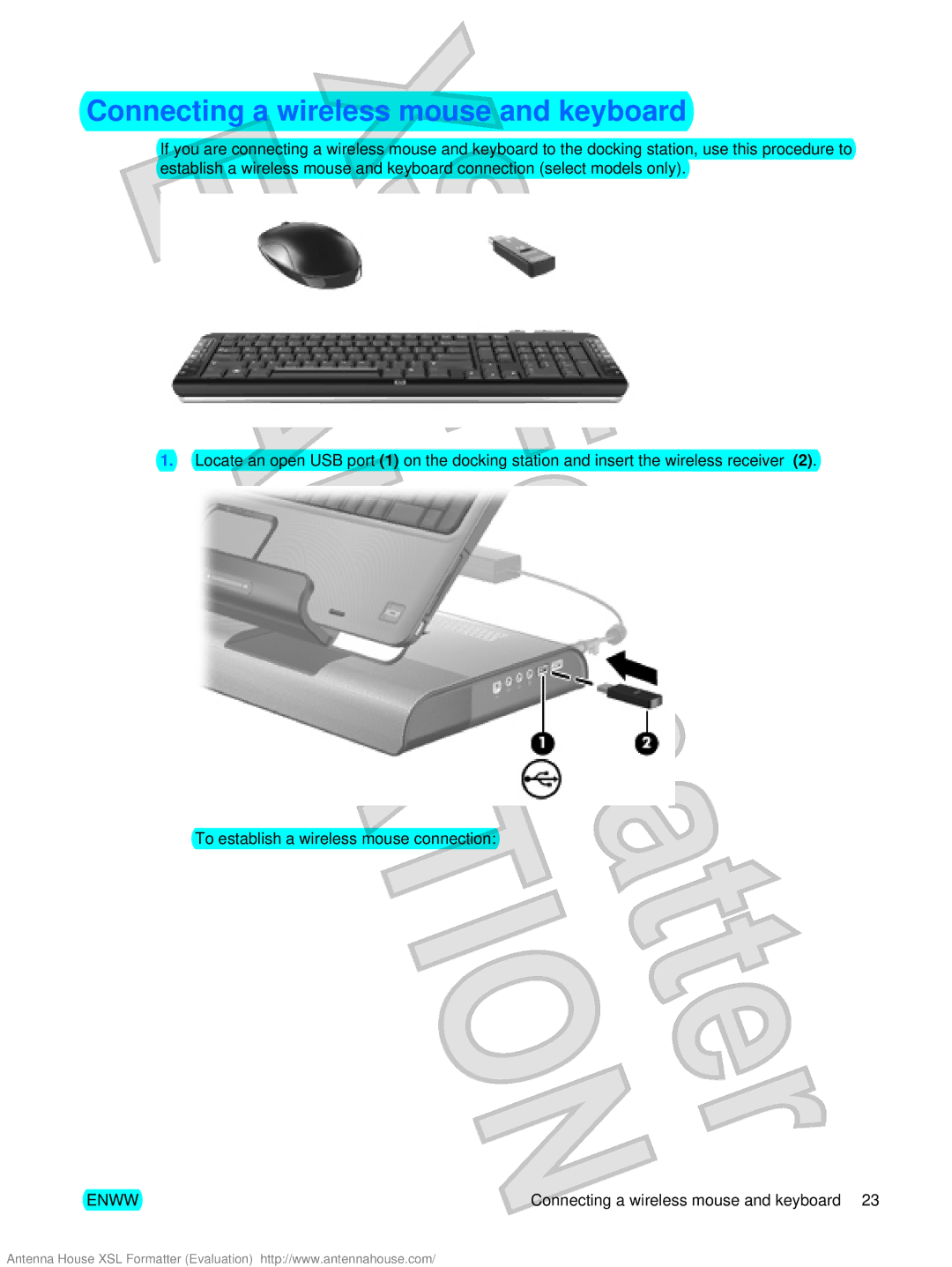 HP XB4000 manual Connecting a wireless mouse and keyboard 