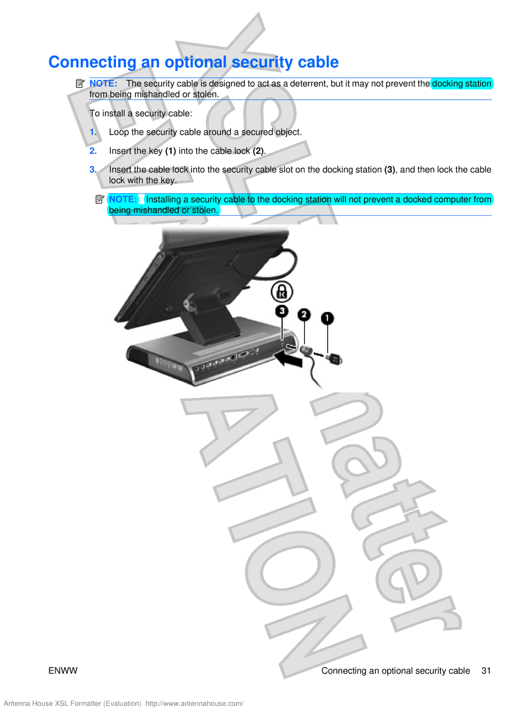 HP XB4000 manual Connecting an optional security cable 