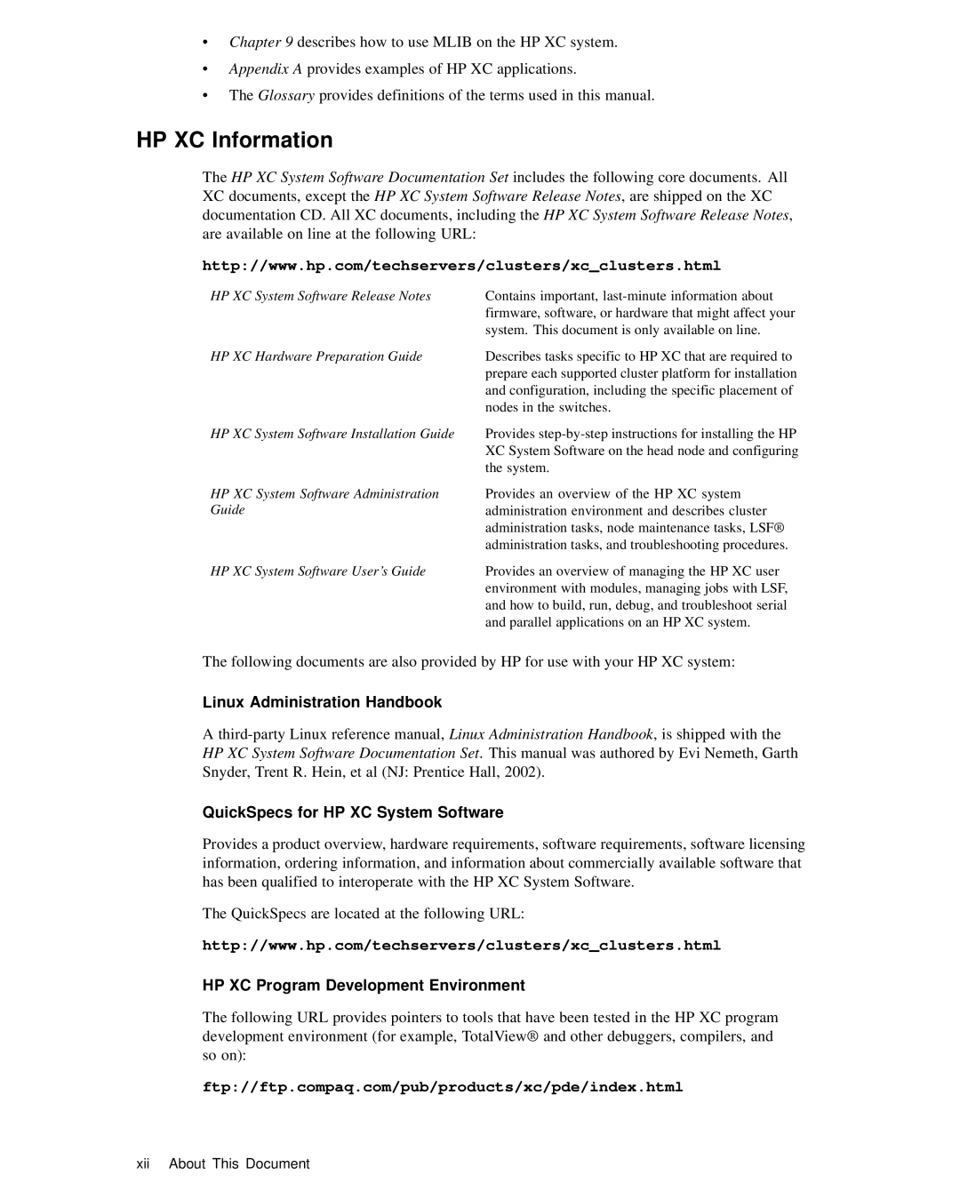 HP XC System 2.x Software manual HP XC Information, Linux Administration Handbook, QuickSpecs for HP XC System Software 