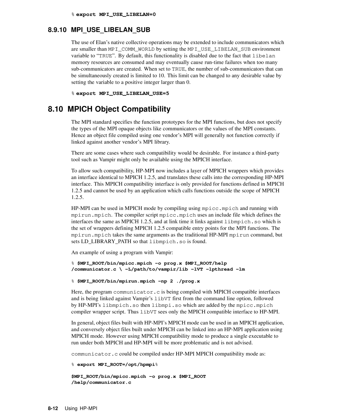 HP XC System 2.x Software manual Mpich Object Compatibility, Export MPIUSELIBELAN=0, Export MPIUSELIBELANUSE=5 