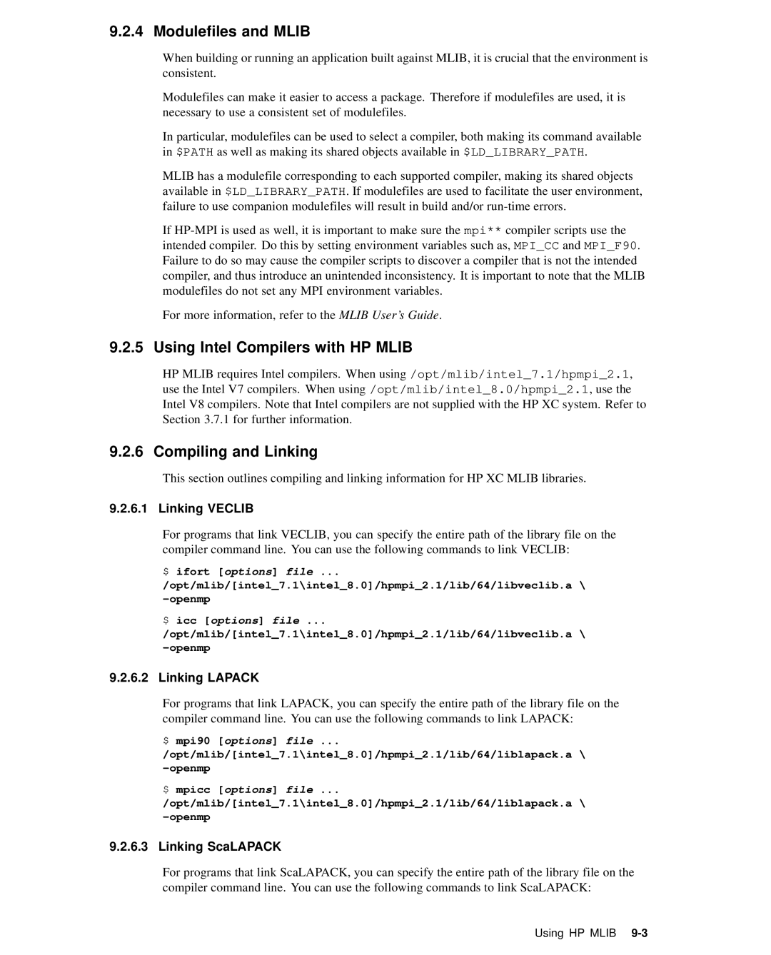 HP XC System 2.x Software manual Modulefiles and Mlib, Using Intel Compilers with HP Mlib, Compiling and Linking 