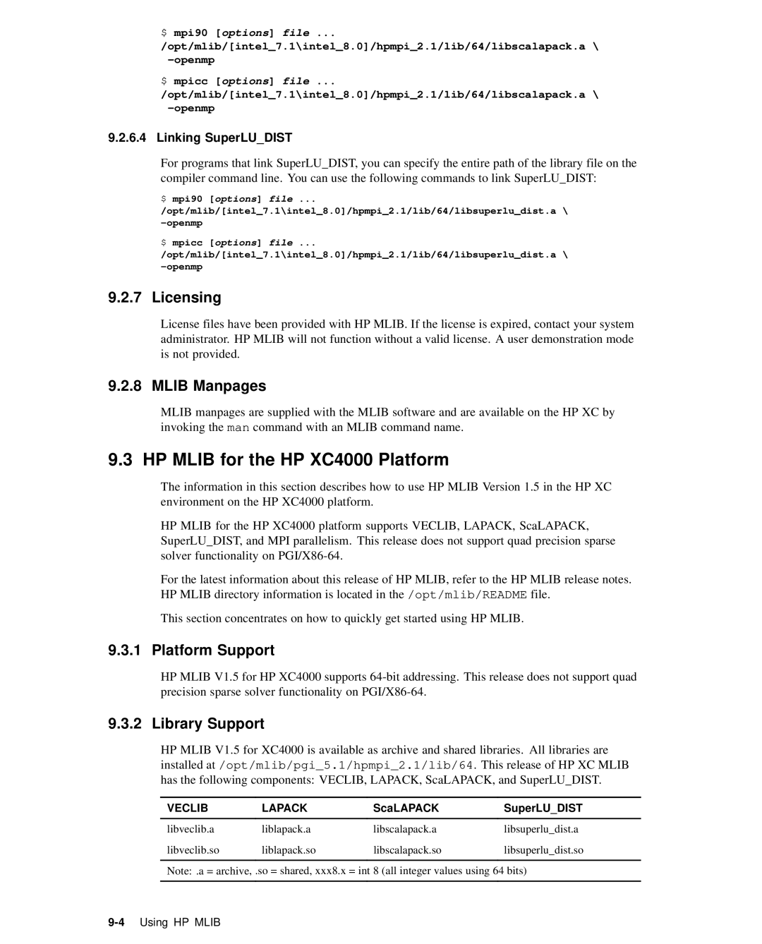 HP XC System 2.x Software manual HP Mlib for the HP XC4000 Platform, Licensing, Mlib Manpages, Linking SuperLUDIST 