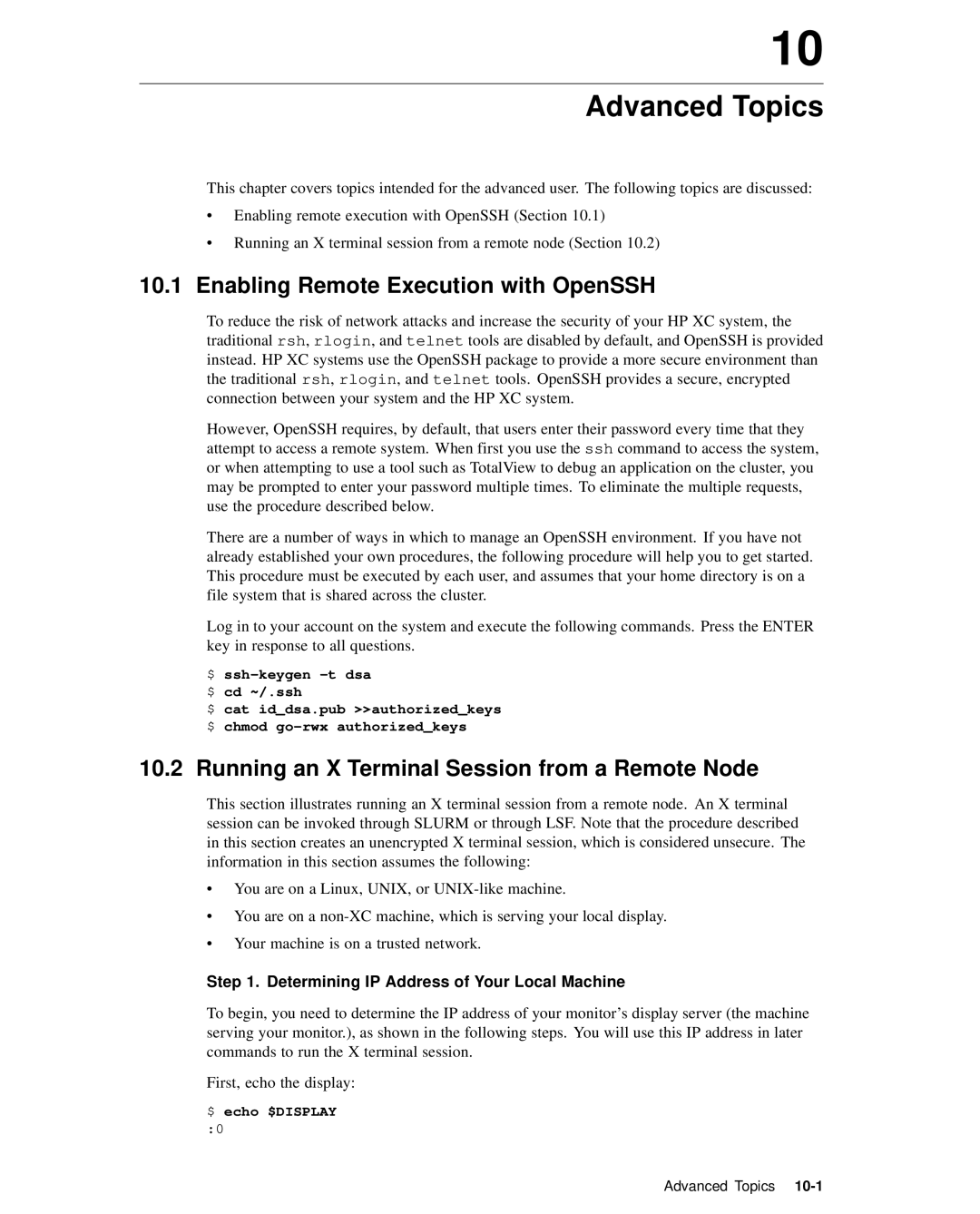 HP XC System 2.x Software manual Advanced Topics, Enabling Remote Execution with OpenSSH, $ echo $DISPLAY 