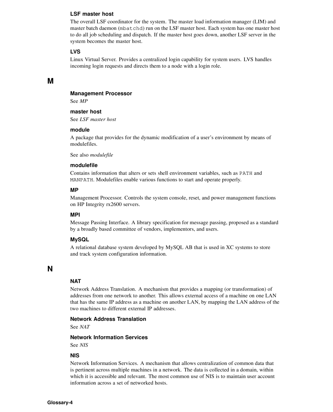 HP XC System 2.x Software manual LSF master host, Management Processor, Master host, Modulefile, MySQL 