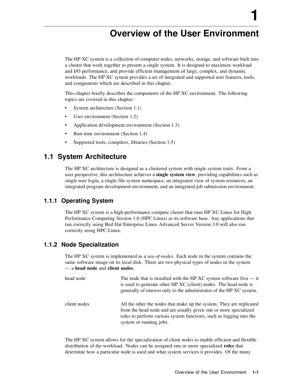 HP XC System 2.x Software Overview of the User Environment, System Architecture, Operating System, Node Specialization 