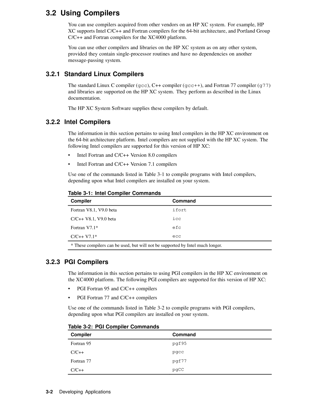 HP XC System 2.x Software manual Using Compilers, Standard Linux Compilers, Intel Compilers, PGI Compilers 