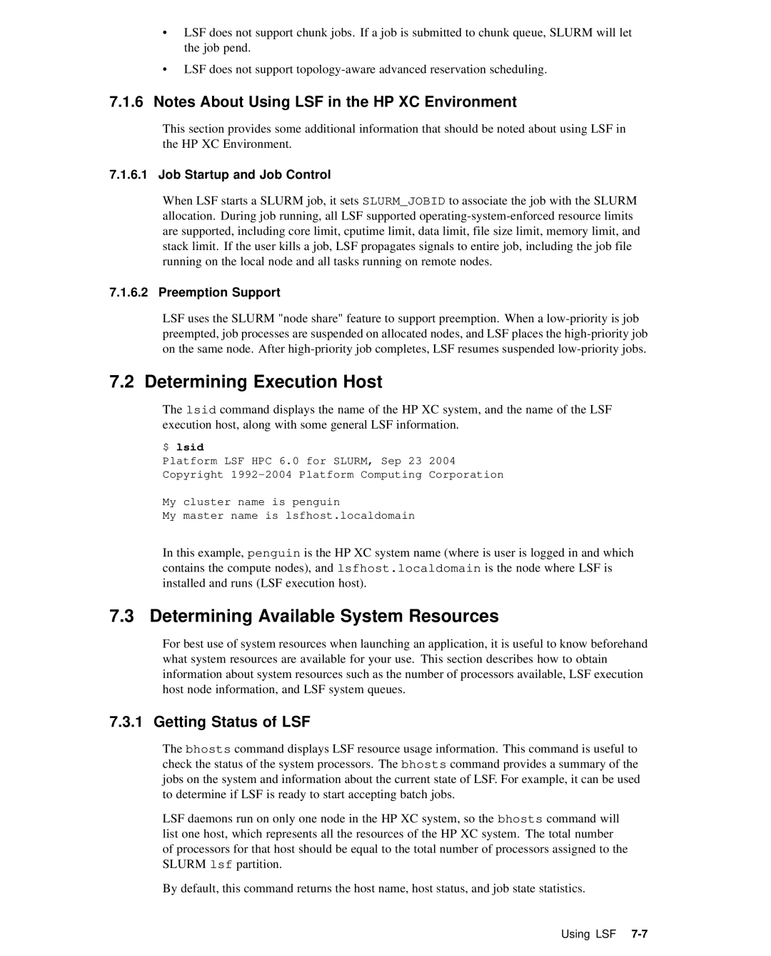 HP XC System 2.x Software manual Determining Execution Host, Determining Available System Resources, Getting Status of LSF 