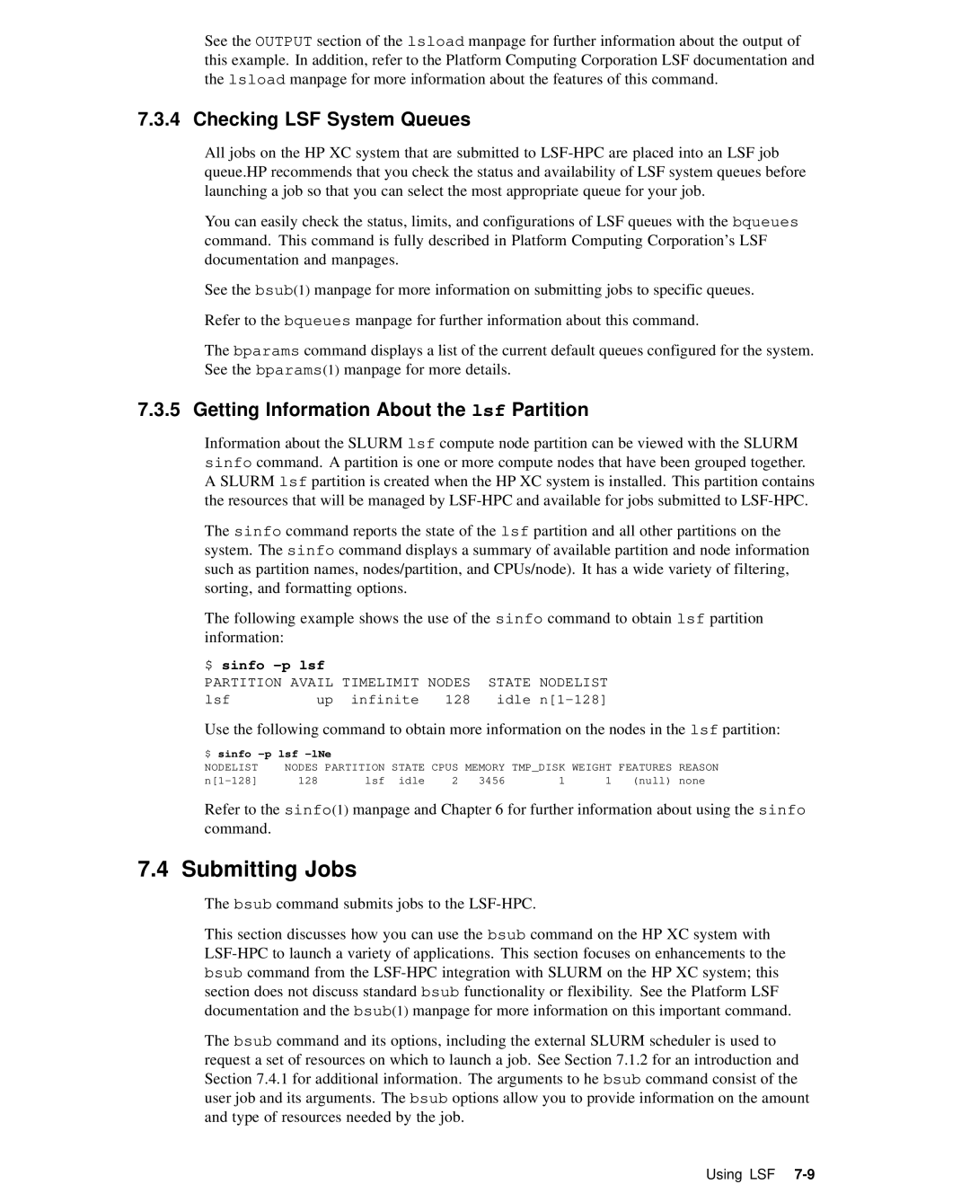 HP XC System 2.x Software manual Submitting Jobs, Checking LSF System Queues, Getting Information About the lsf Partition 