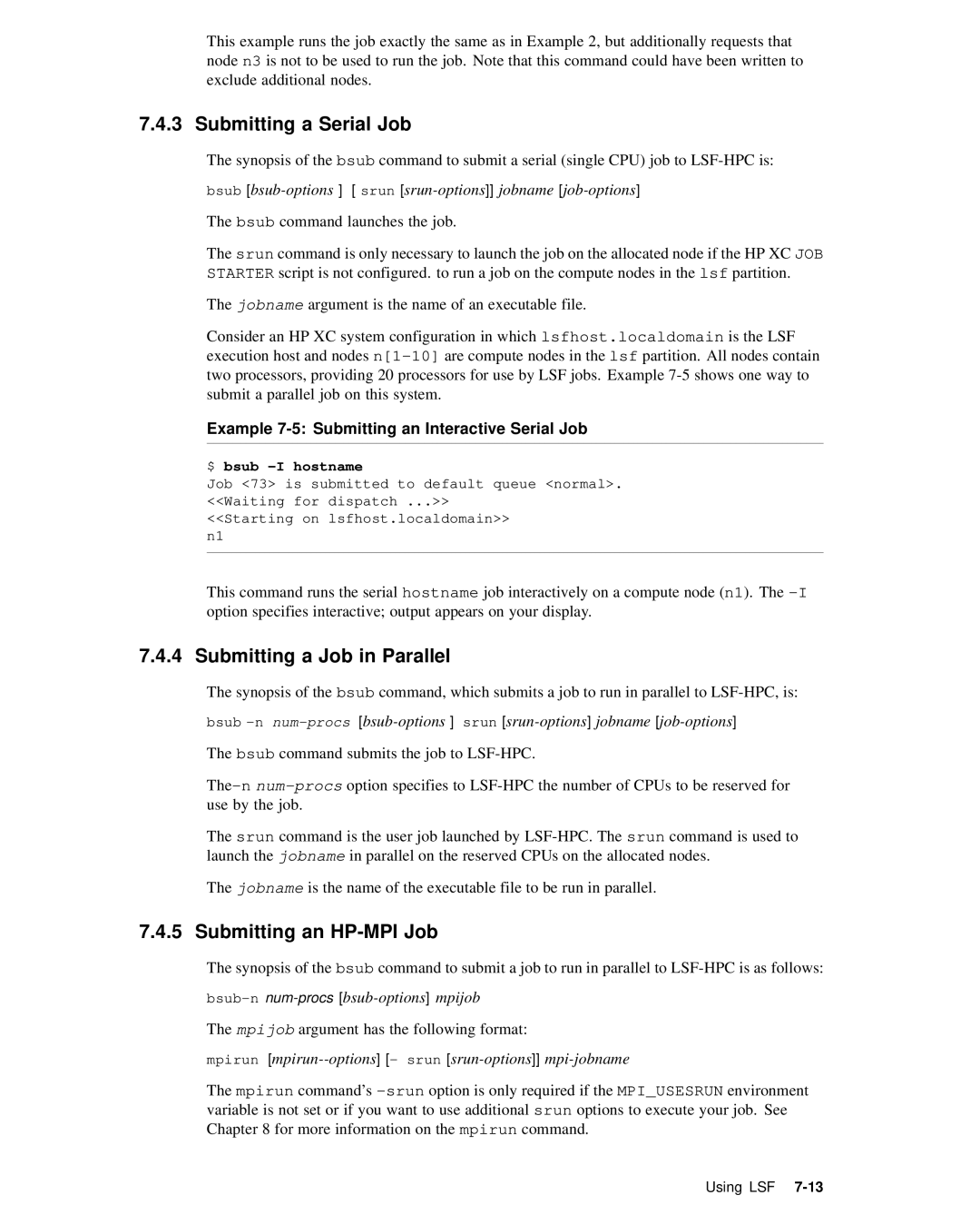 HP XC System 2.x Software manual Submitting a Serial Job, Submitting a Job in Parallel, Submitting an HP-MPI Job 