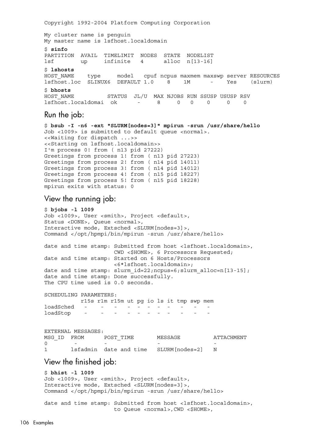 HP XC System 3.x Software manual View the running job, View the finished job, Lsfhost.localdomai 