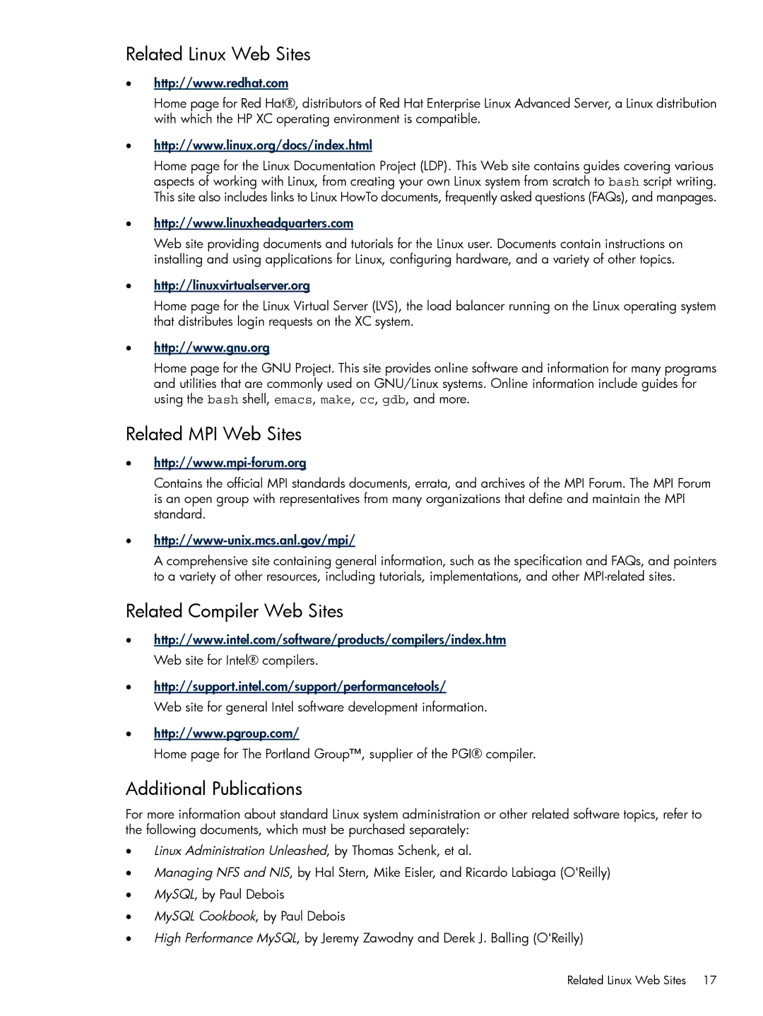 HP XC System 3.x Software manual Related Linux Web Sites, Related MPI Web Sites, Related Compiler Web Sites 