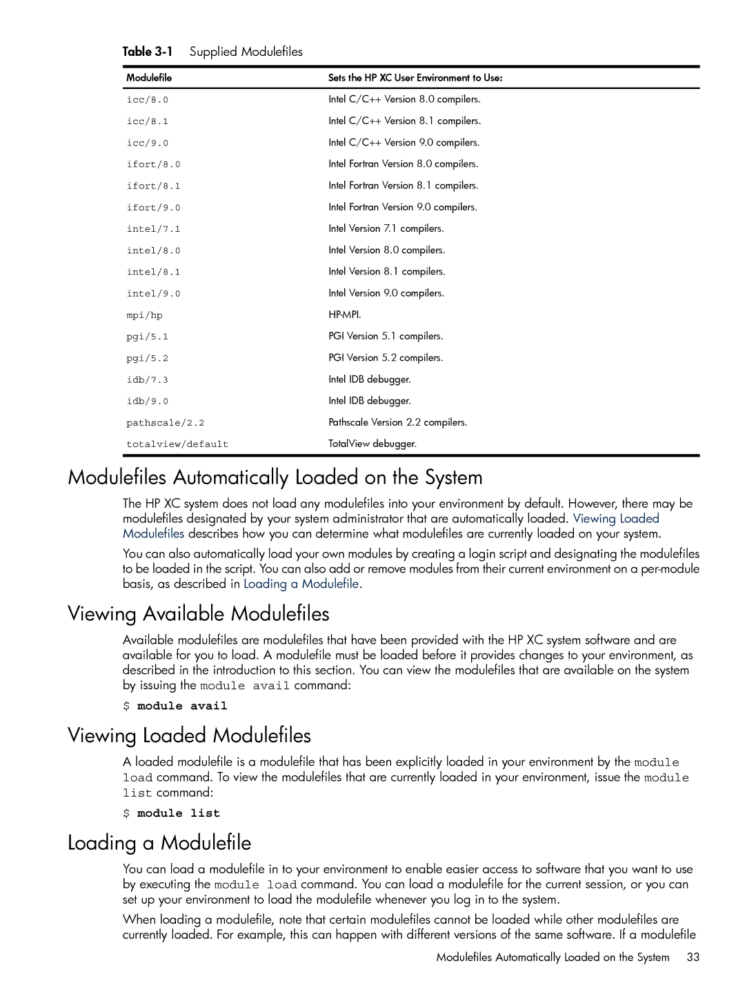 HP XC System 3.x Software manual Modulefiles Automatically Loaded on the System, Viewing Available Modulefiles 