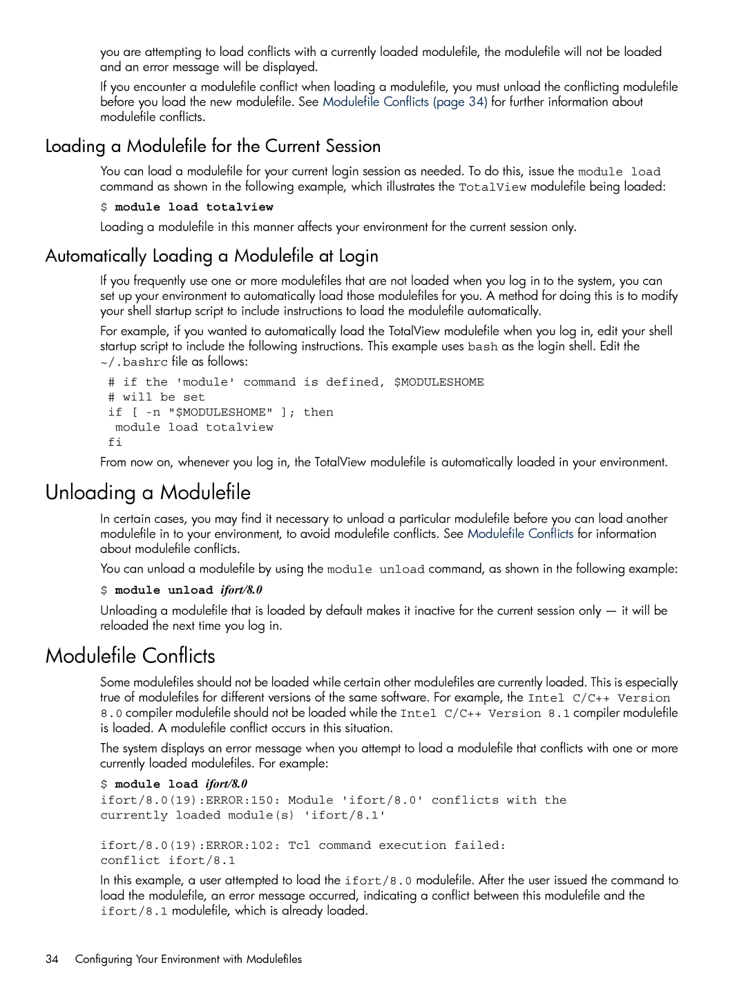 HP XC System 3.x Software manual Unloading a Modulefile, Modulefile Conflicts, Loading a Modulefile for the Current Session 