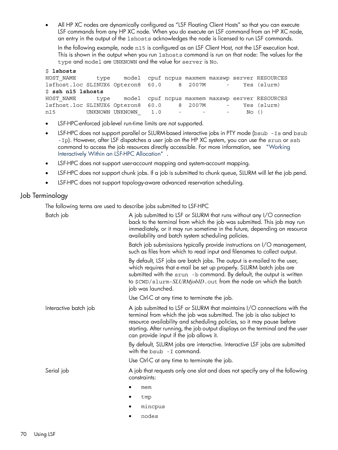 HP XC System 3.x Software manual Job Terminology, $ ssh n15 lshosts, Unknown Unknown 