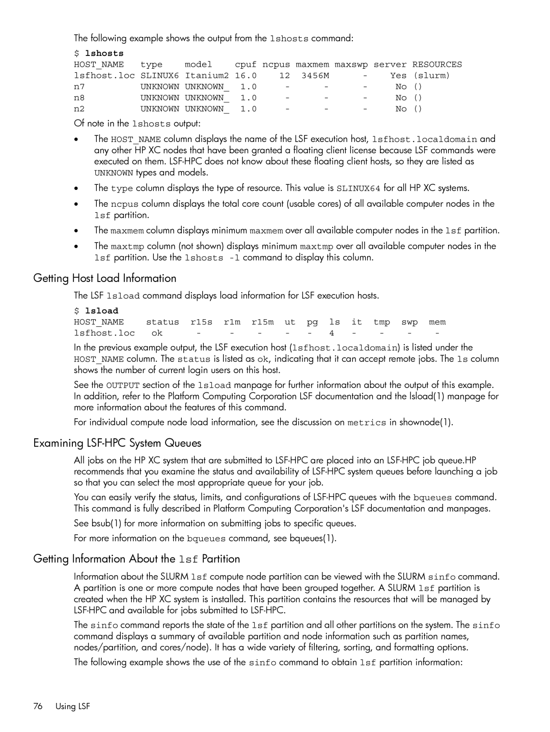 HP XC System 3.x Software manual Getting Host Load Information, Examining LSF-HPC System Queues, SLINUX6, Unknown 