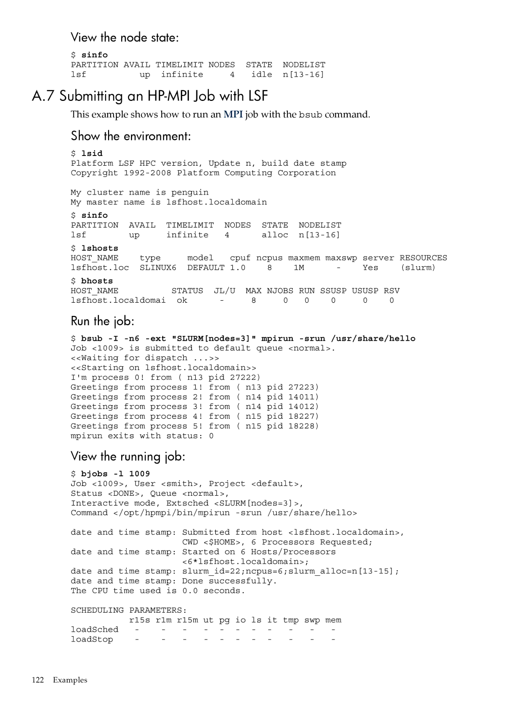 HP XC System 4.x Software manual Submitting an HP-MPI Job with LSF, View the node state, View the running job 