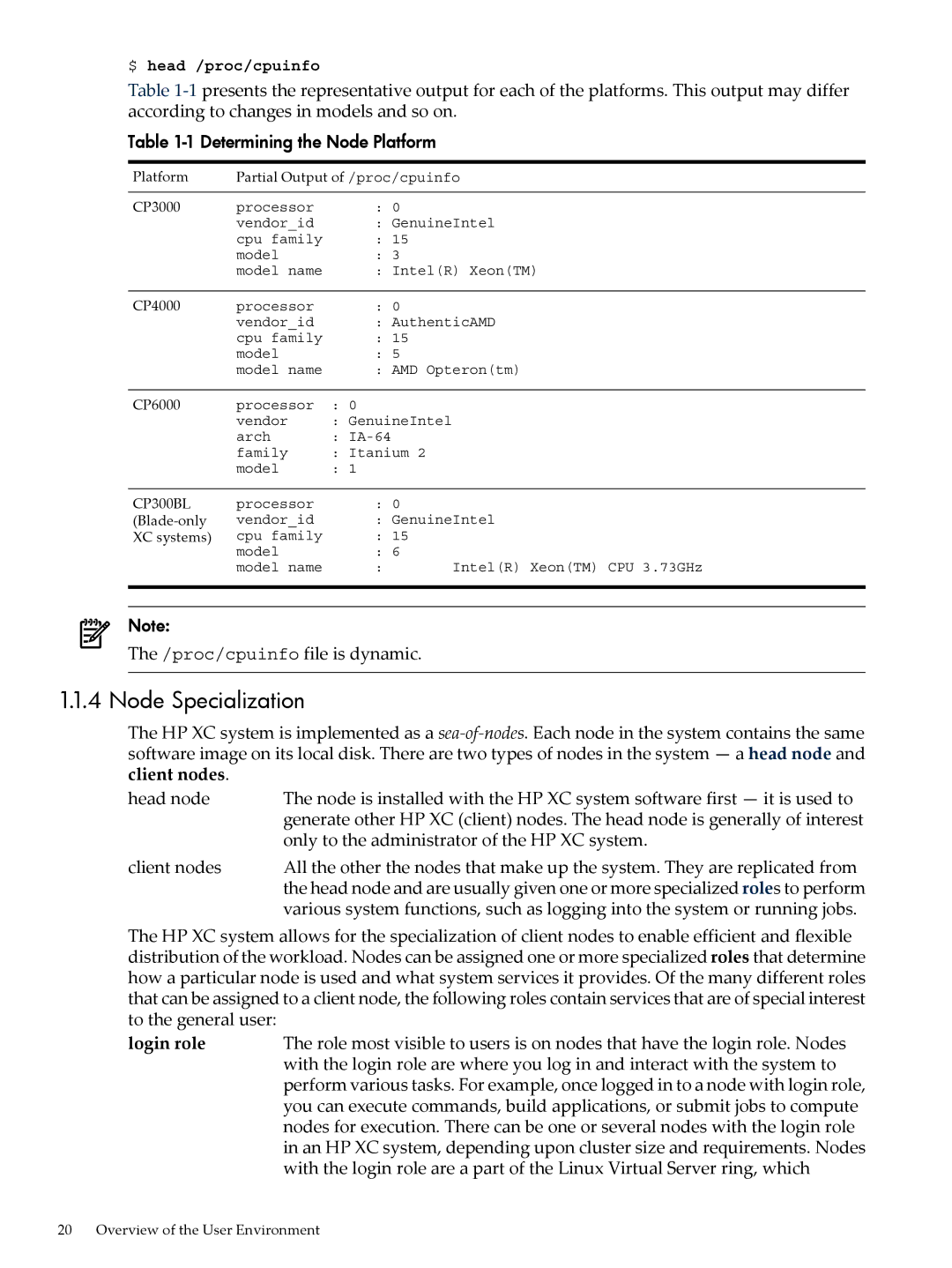 HP XC System 4.x Software Node Specialization, Determining the Node Platform, proc/cpuinfo file is dynamic, Client nodes 