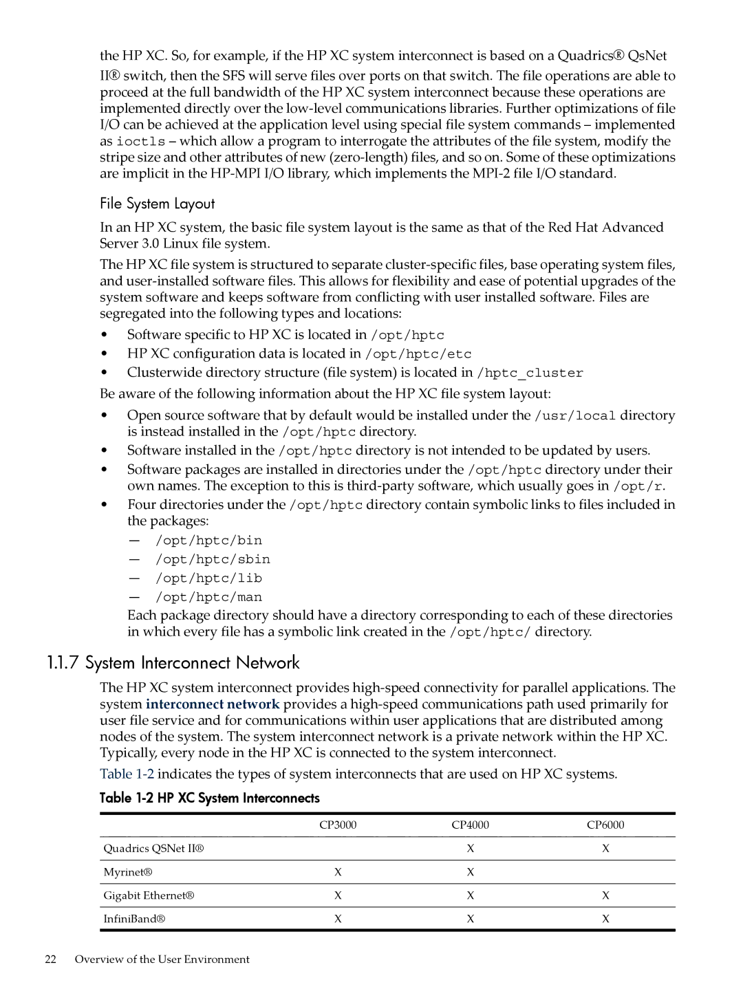 HP XC System 4.x Software manual System Interconnect Network, File System Layout, HP XC System Interconnects 