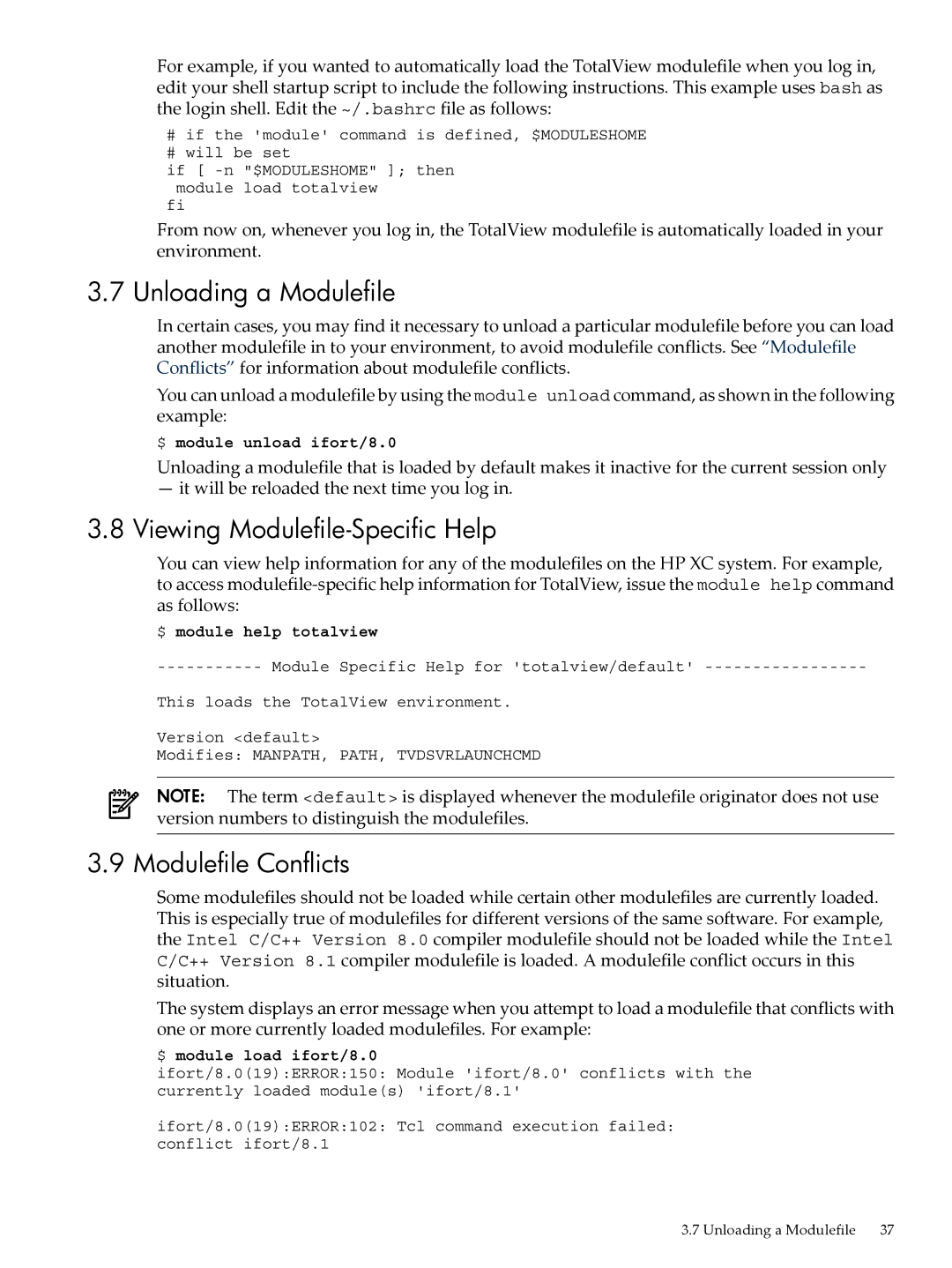 HP XC System 4.x Software manual Unloading a Modulefile, Viewing Modulefile-Specific Help, Modulefile Conflicts 